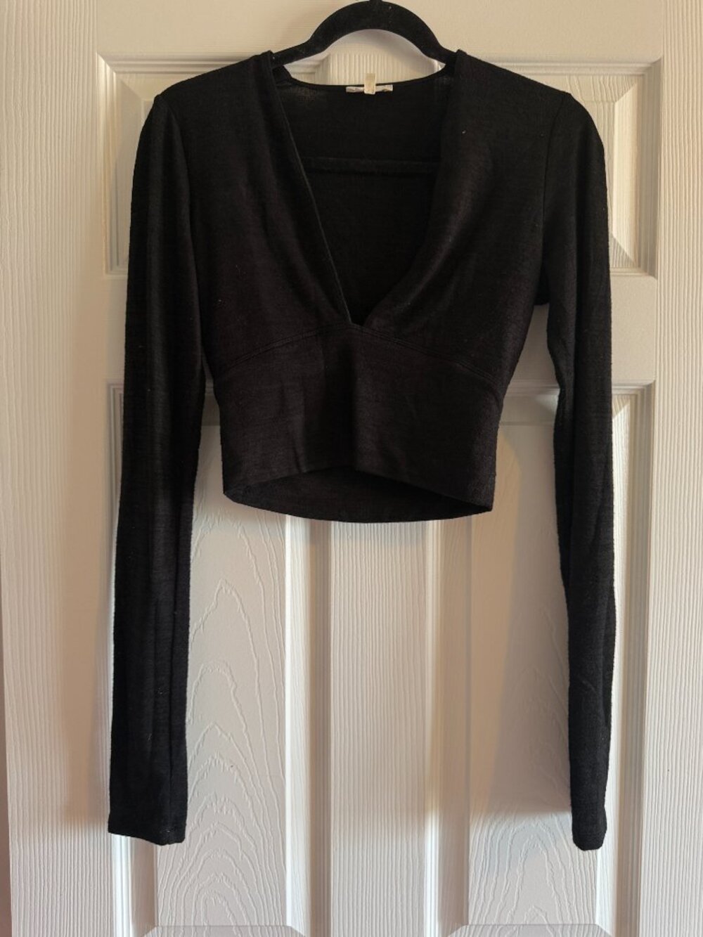 Wilfred Free Aritzia Black Deep V-Neck Cropped Long Sleeve Top – Size Medium